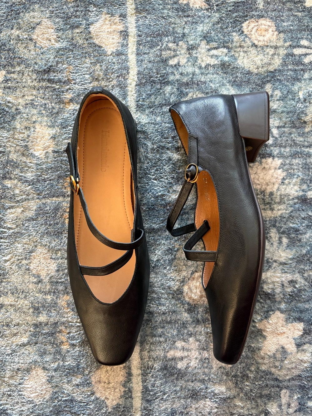 Handmade Black Leather Heeled Mary Jane Shoes Gold Buckle Size 39